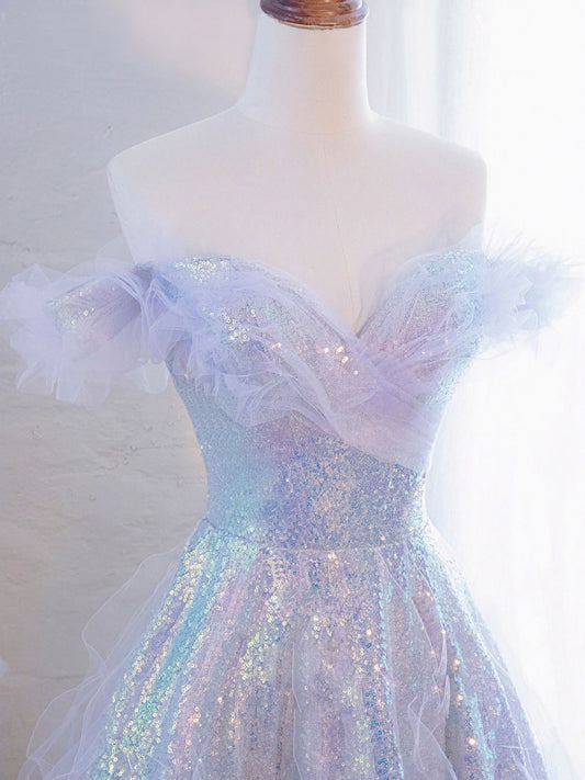 Purple Off Shoulder Sequin Tulle Long Prom Dress