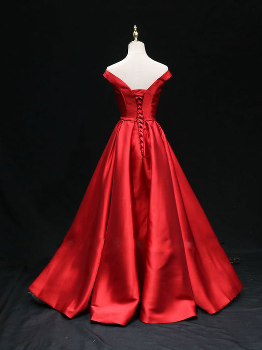Simple A line satin red ling prom dress, red bridesmaid dress
