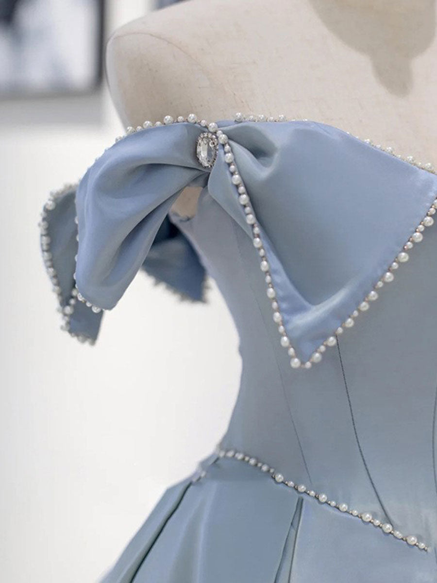 Blue Satin long prom dress, blue A line bridesmaid dress