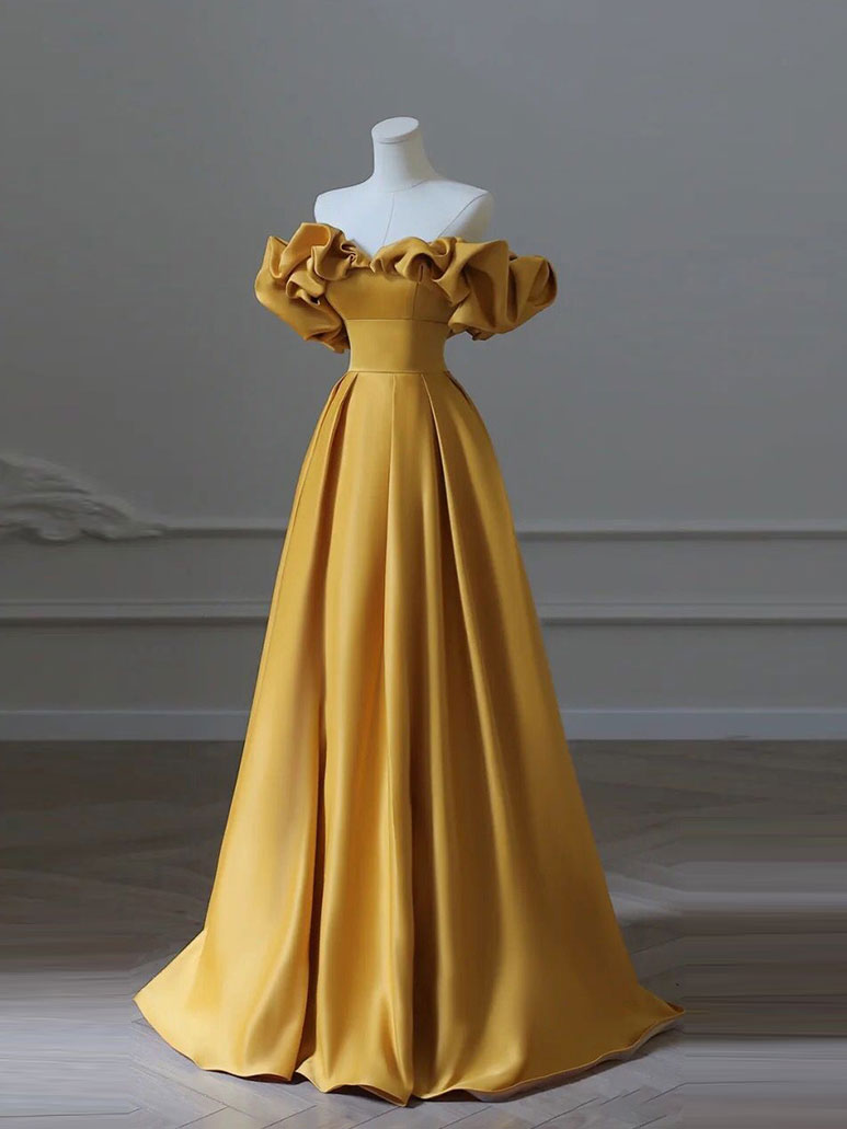 Yellow A-Line Satin Long Prom Dresses, Yellow Long Evening Dress