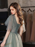 Green v neck tulle lace long prom dress green tulle formal dress