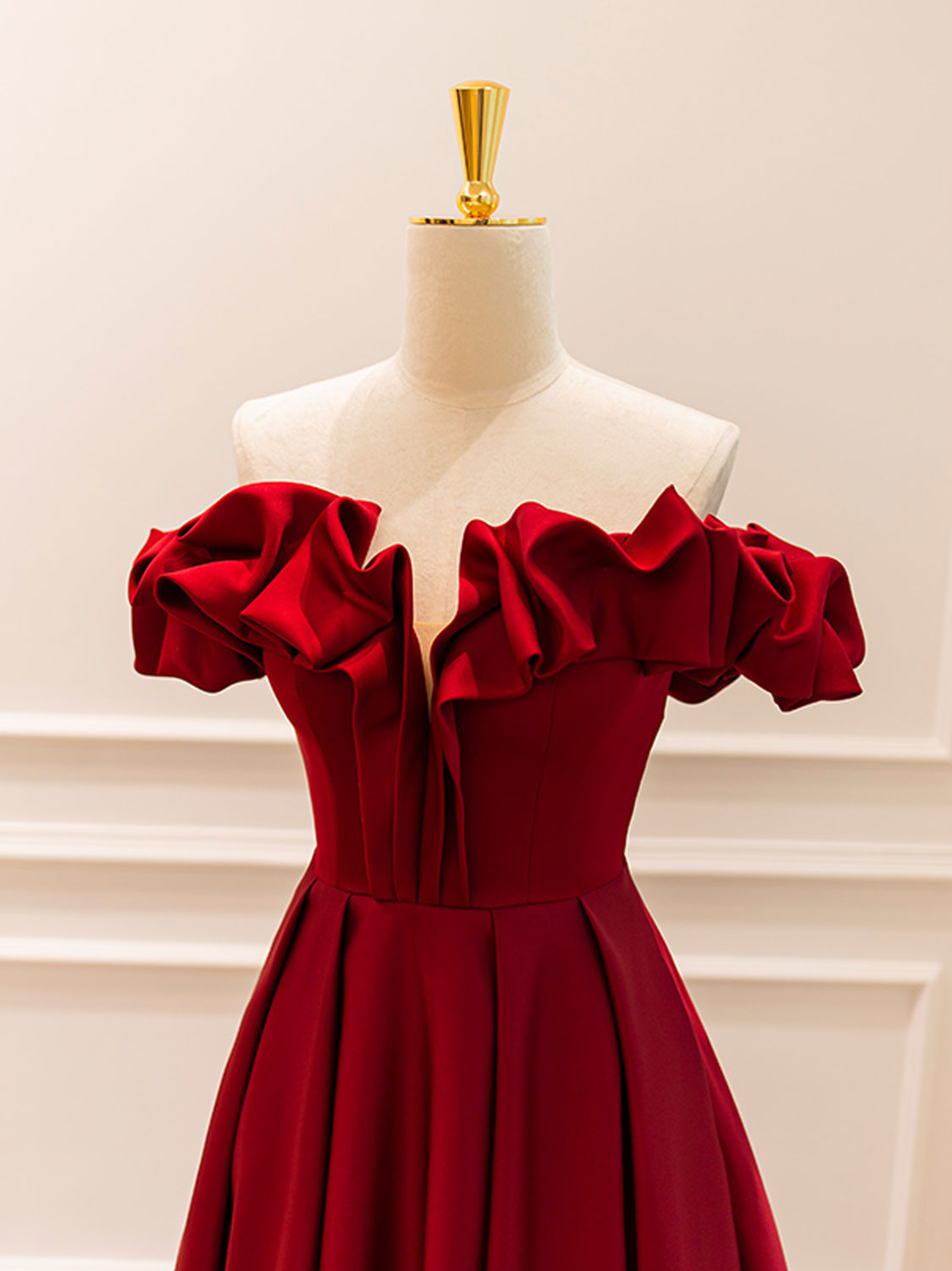 A-Line Off Shoulder Satin Burgundy Long Prom Dress, Burgundy Evening Dresses