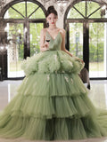 Green v neck tulle long prom dress, green tulle sweet 16 dress
