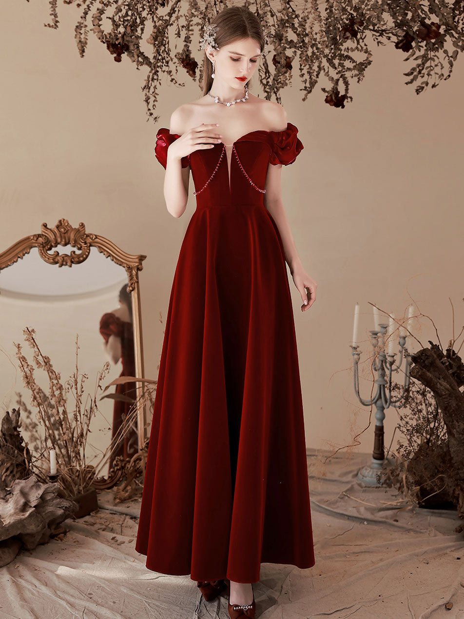 A-Line Off Shoulder Velvet Burgundy Long Prom Dress, Tea Burgundy Evening Dress