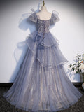 A-Line Gray Sequin Long Prom Dress, Sequin Tulle Formal Evening Dresses