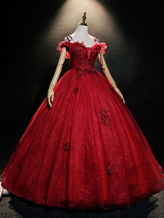 Burgundy off shoulder tulle lace long prom dress burgundy sweet 16 dress