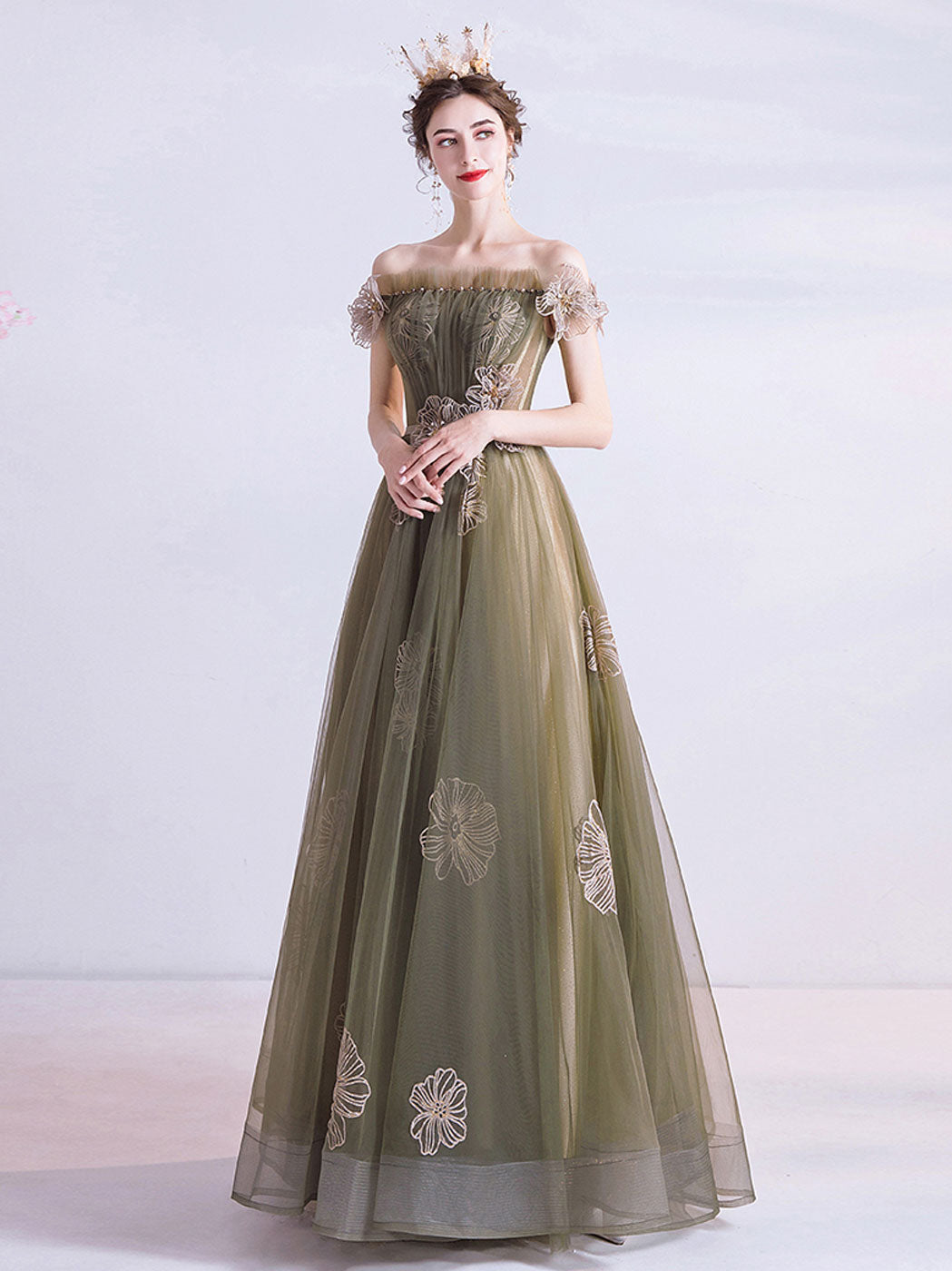 A-Line Green Tulle Long Prom Dress, Green Formal Evening Dress