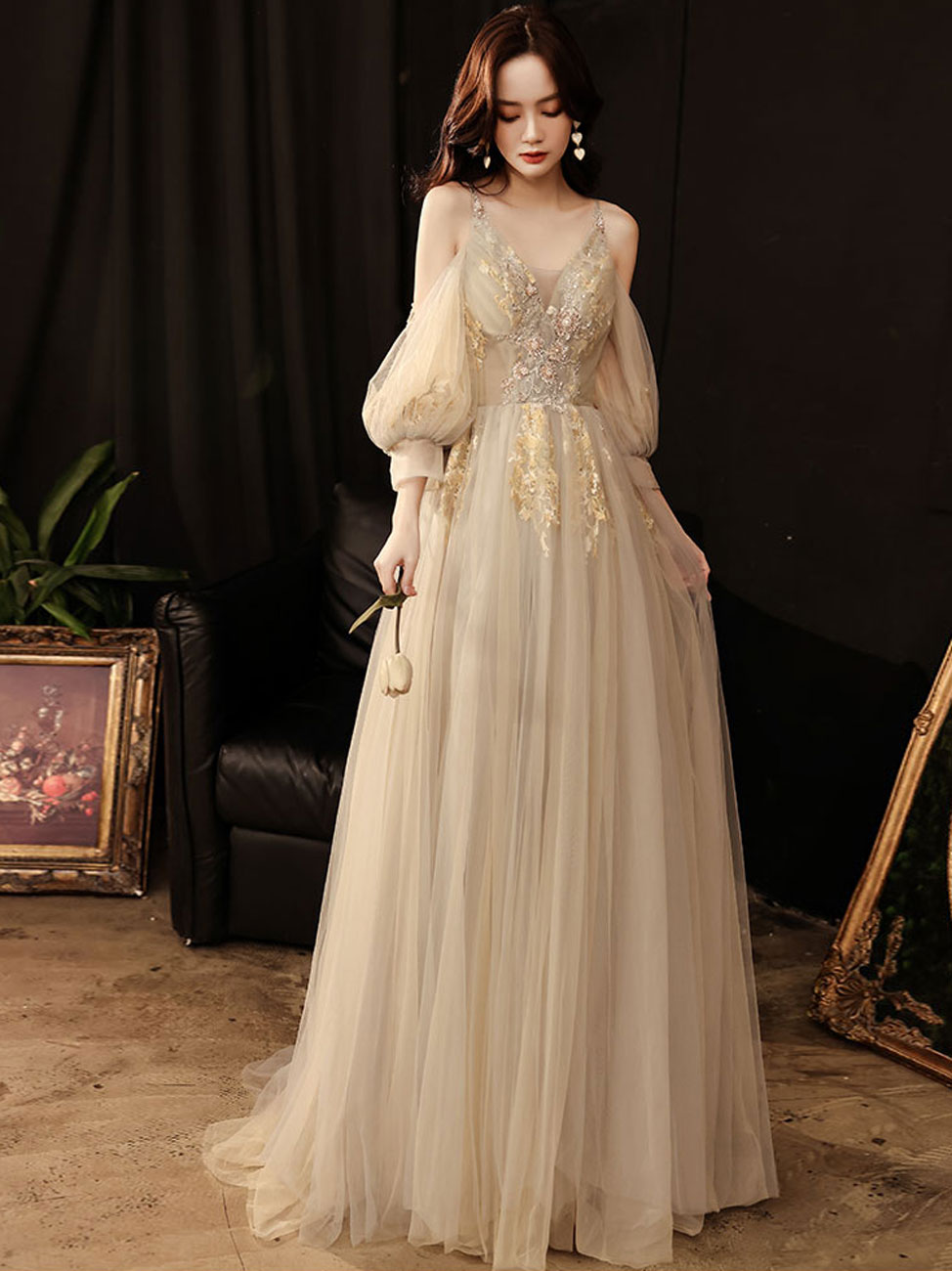 Champagne A line Tulle Lace Long Prom Dress, Lace Formal Graduation Dr Champagne A line Tulle Lace Long Prom Dress, Lace Formal Graduation Dr