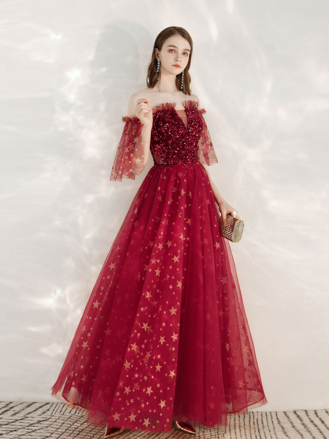 A-Line Off Shoulder Burgundy Long Prom Dress