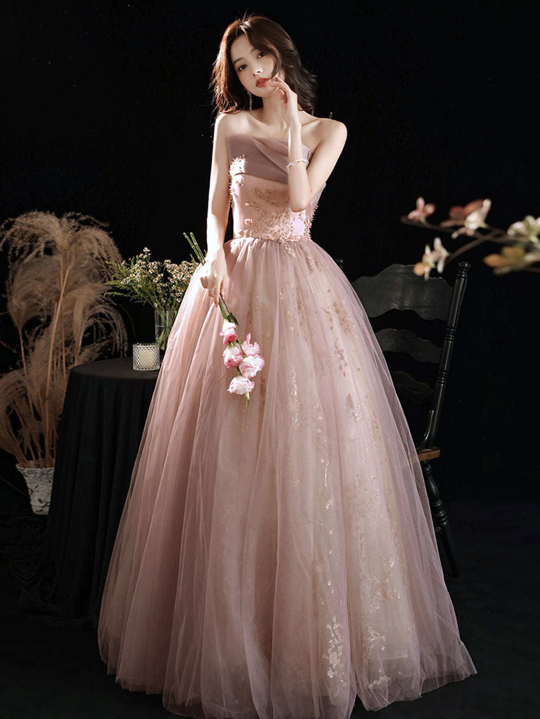 Aline Pink Long Prom Dress, Formal Pink Lace Graduation Dress with Sequin Lace Beading