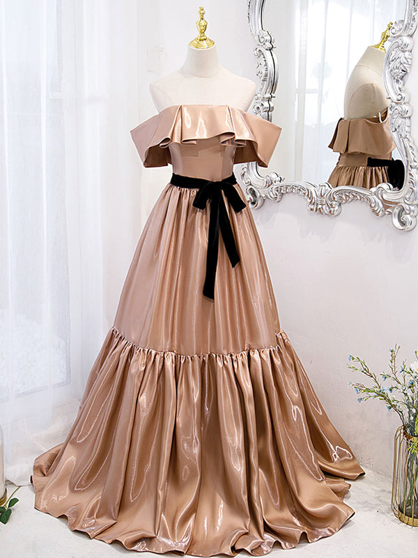 Simple champagne off shoulder long prom dress champagne bridesmaid dress