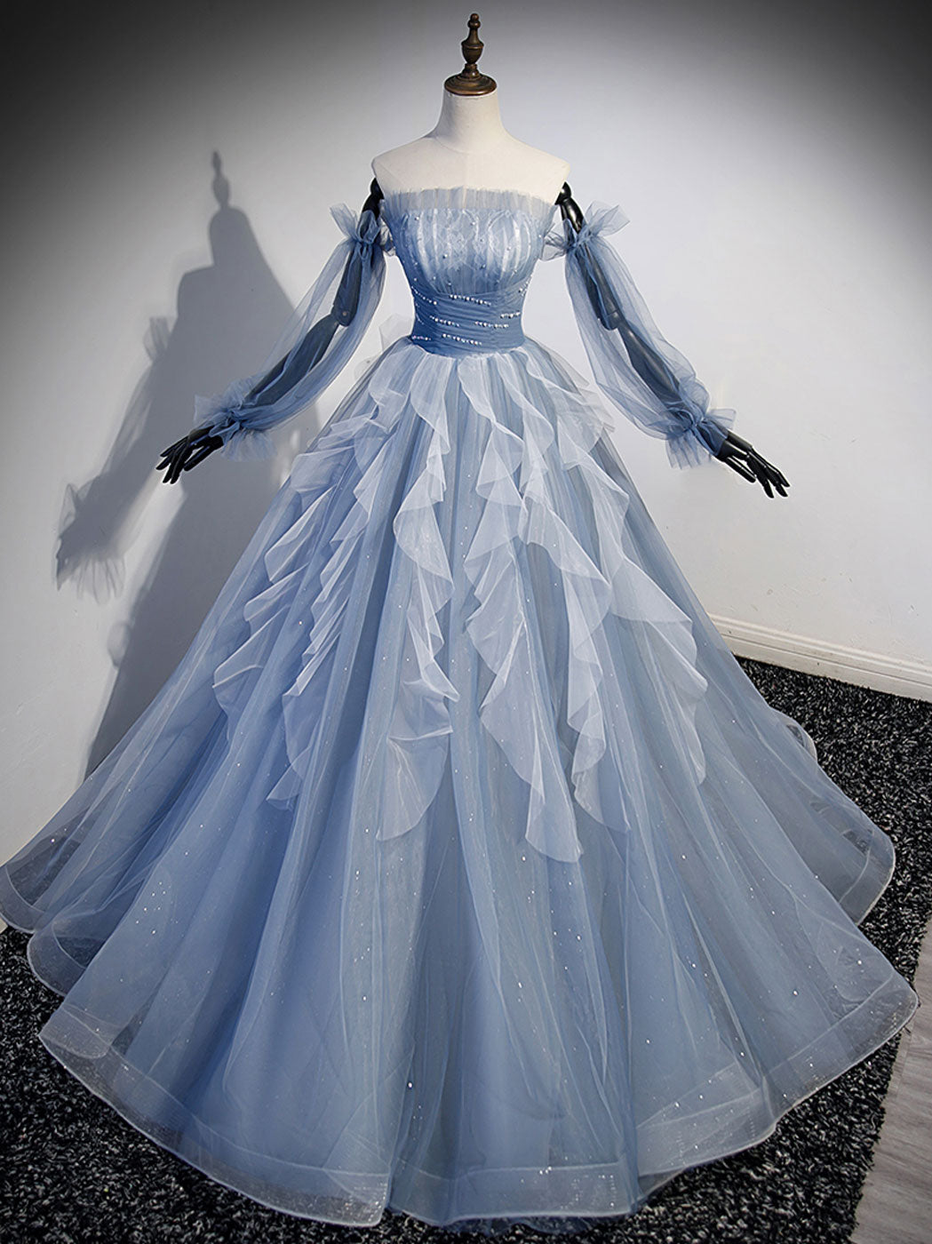 A-Line Tulle Gray Blue Long Prom Dress, Gray Blue Formal Evening Dresses