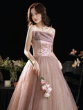 Aline Pink Long Prom Dress, Formal Pink Lace Graduation Dress with Sequin Lace Beading