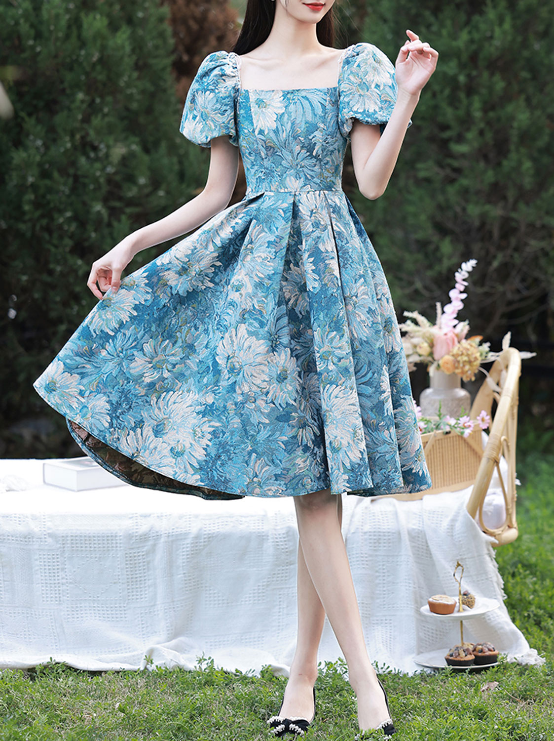 Premium Photo | A sleek navy blue dress with a high neckline and a short  flared skirt