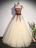 A line champagne tulle long prom dress, champagne evening dress