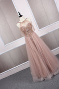 Champagne tulle beads long prom dress champagne evening dress