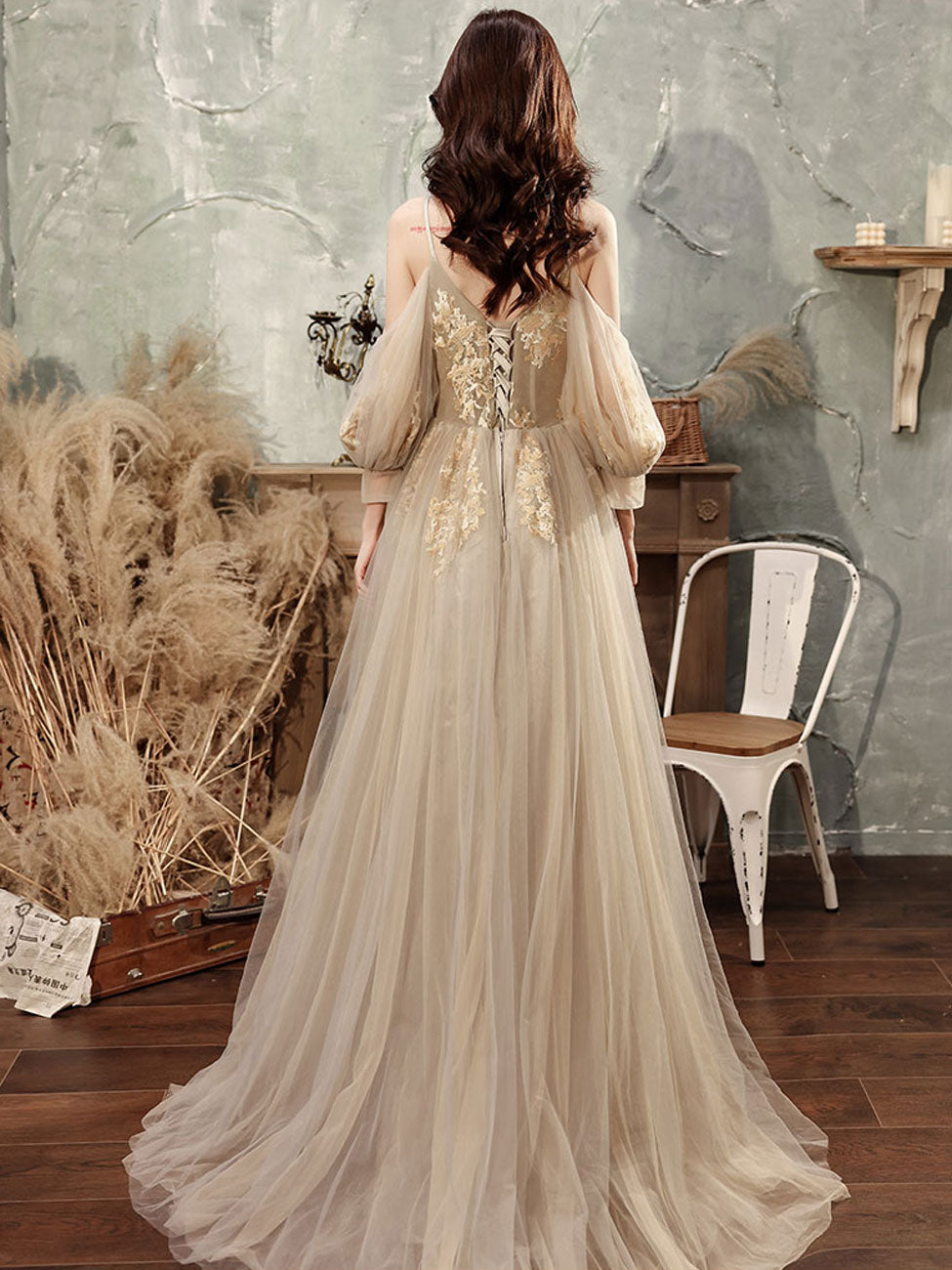 Champagne A line Tulle Lace Long Prom Dress, Lace Formal Graduation Dr dresstby Champagne A line Tulle Lace Long Prom Dress, Lace Formal Graduation Dr dresstby