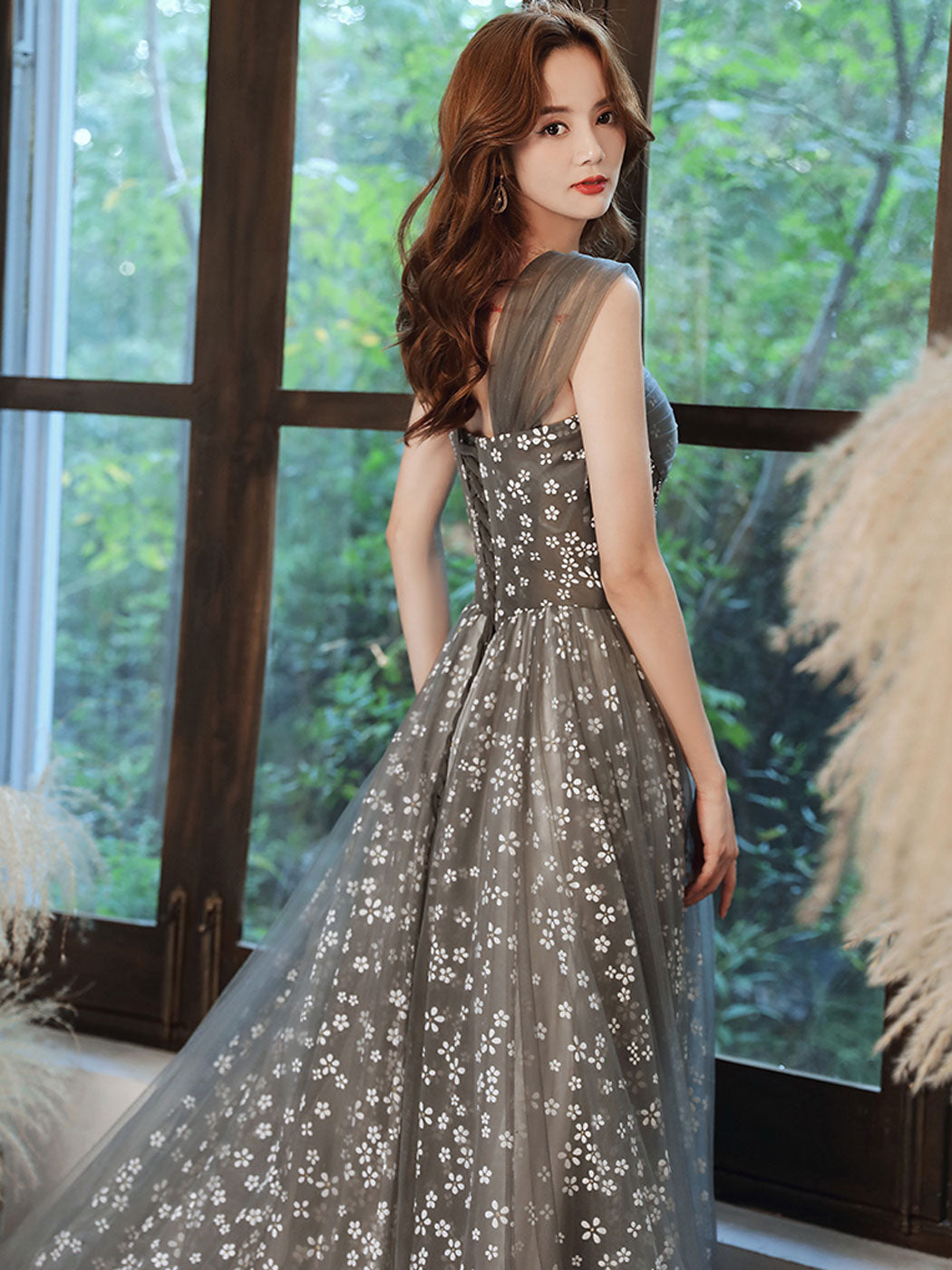 Gray A line tulle beads long prom dress gray tulle formal party dress