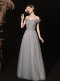 Gray Aline tulle long prom dress gray tulle formal party dress