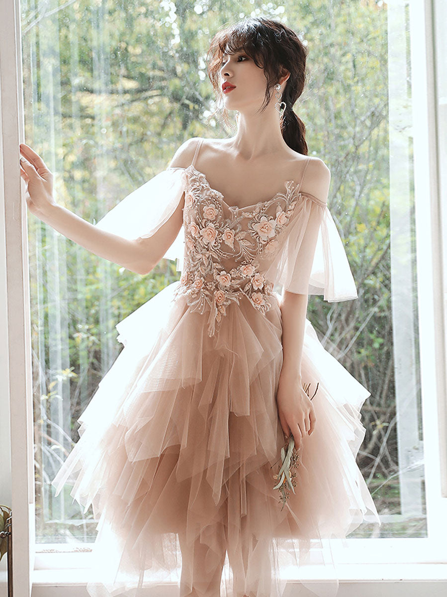Champagne tulle lace short prom dress, champagne homecoming dress