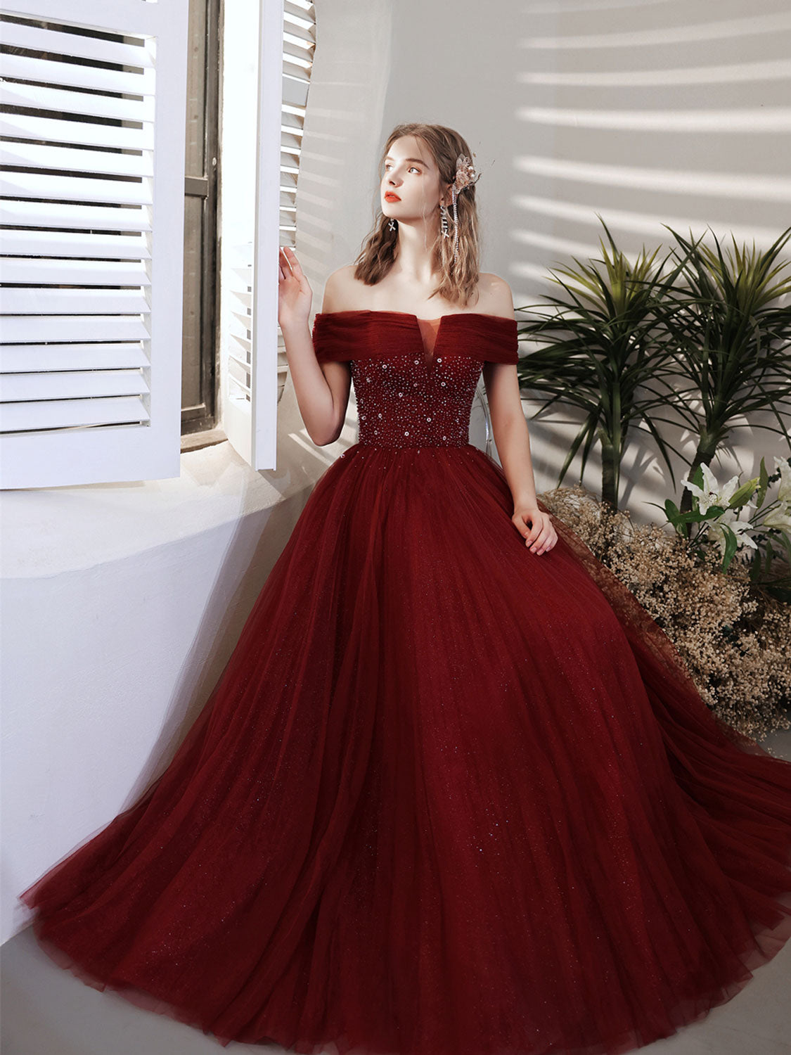 Burgundy A line sequin beads long prom dress burgundy evening dress – dresstby