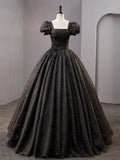 Black Square Neckline Tulle Long Prom Dress, Shiny Black Evening Dresses