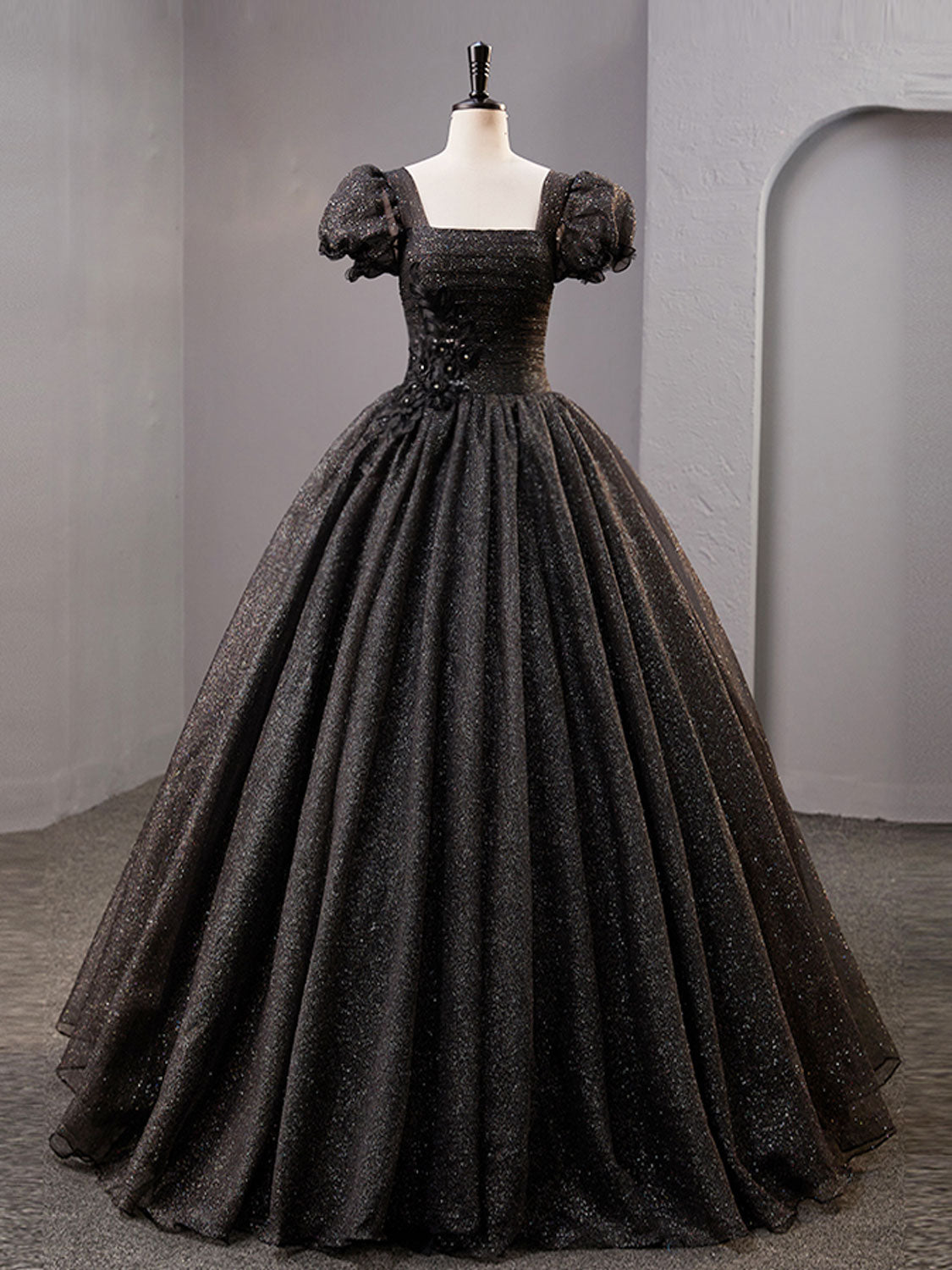 Black Square Neckline Tulle Long Prom Dress, Shiny Black Evening Dress Black Square Neckline Tulle Long Prom Dress, Shiny Black Evening Dress