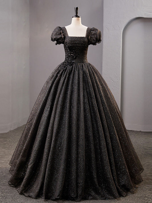 Black Square Neckline Tulle Long Prom Dress, Shiny Black Evening Dresses