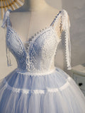 Blue Short Prom Dresses, Aline Lace v Neck Blue Homecoming Dresses