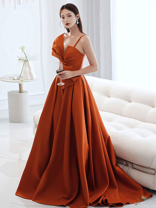 Simple orange satin long prom dress A line orange evening dress