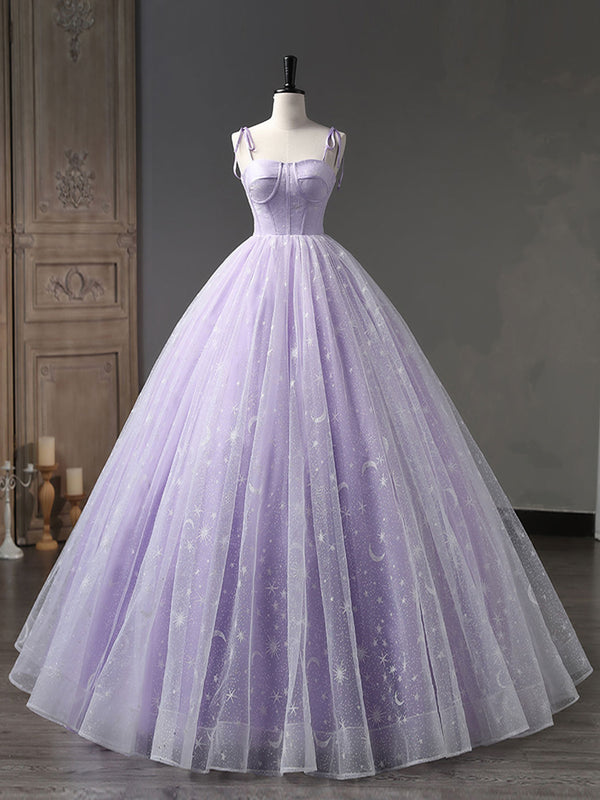 A-Line Tulle Purple Long Prom Dresses, Purple Formal Evening Dress