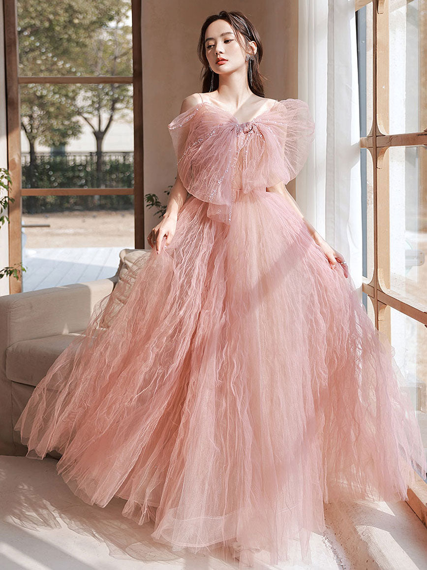 pink dress formal A line tulle long prom pink evening dress What Even Is “Dress attribute:sleeves:short sleeves Light sweep hem Pockets Size:16.0 34/35