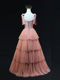 A Line Pink Tulle Long Prom Dresses, Pink Formal Evening Dresses