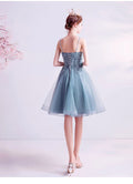 Gray blue Short Prom Dresses, V Neck Blue Lace Homecoming Dresses With Beading Sequin