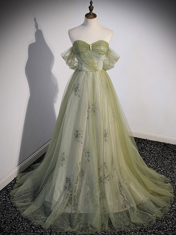 Aline Green Tulle Long Prom Dress, Green Formal Evening Party Dress