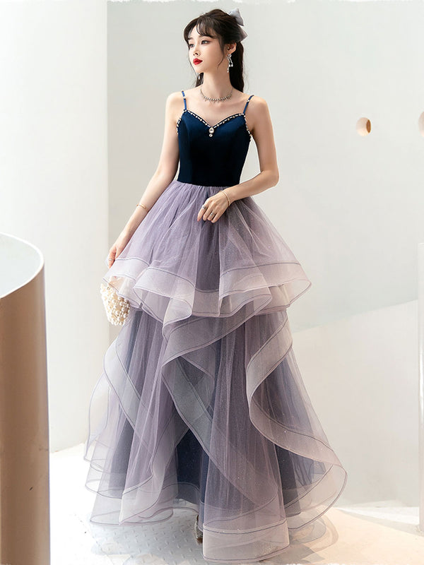 Purple sweetheart neck tulle long prom dress, purple evening dress