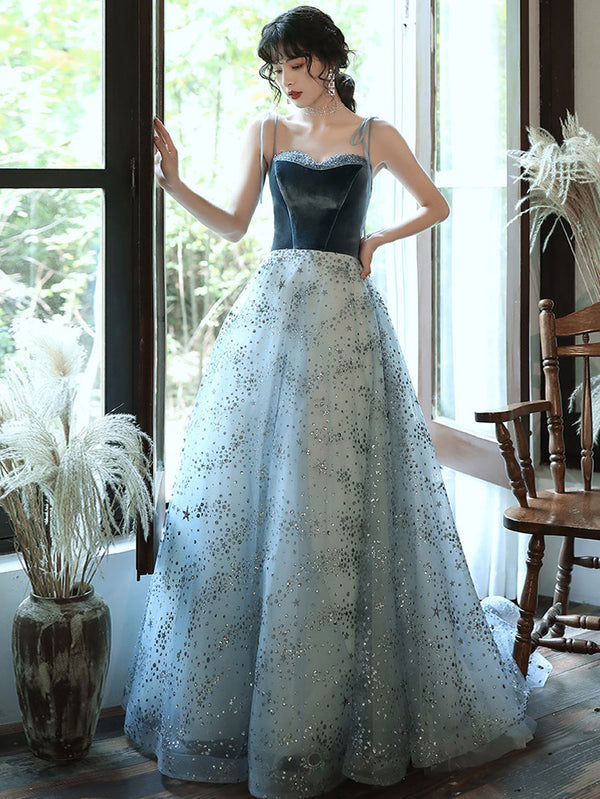 Aline tulle sequin long prom dress blue tulle long evening dress