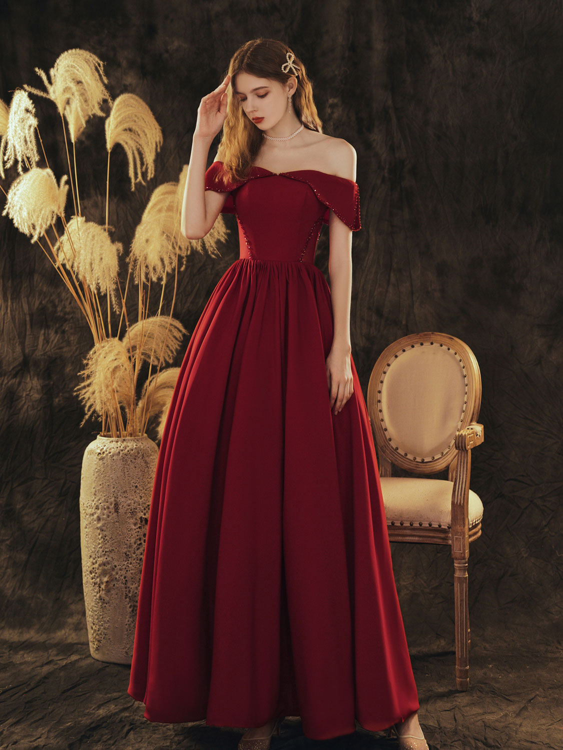 A-Line Off Shoulder Satin Burgundy Long Prom Dress, Burgundy Formal Evening Dress