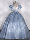 Ball Gown Puff Sleeves Blue Long Prom Dress, Blue Sweet 16 Dress