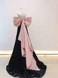 Black/pink velvet long prom dress, black long formal dress