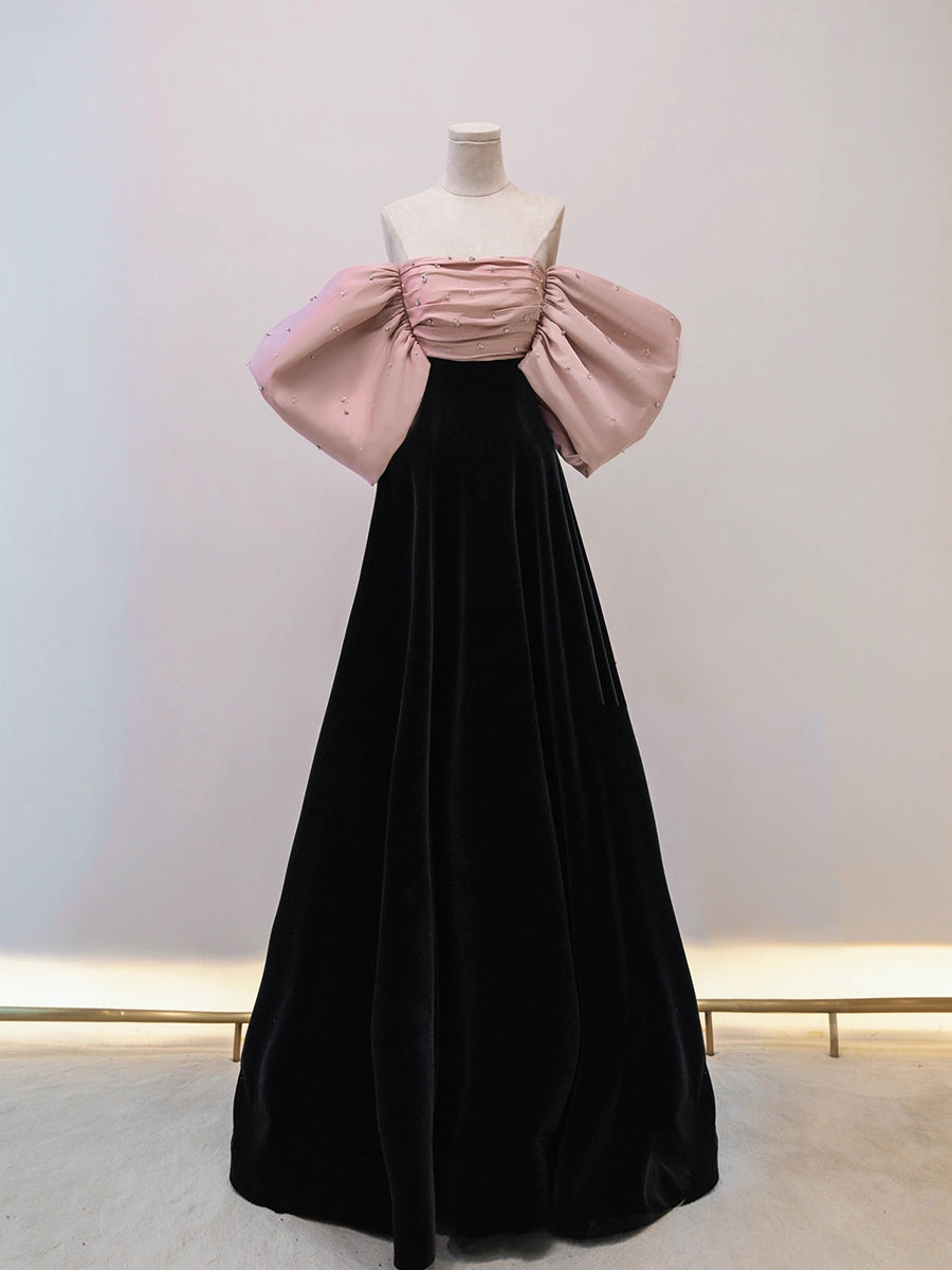 Black/Pink Velvet Long Prom Dress, Black Long Formal Dress â€“ Dresstby