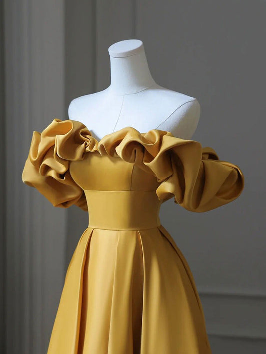 Yellow A-Line Satin Long Prom Dresses, Yellow Long Evening Dress