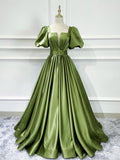 Green satin long prom dress, green satin evening dress