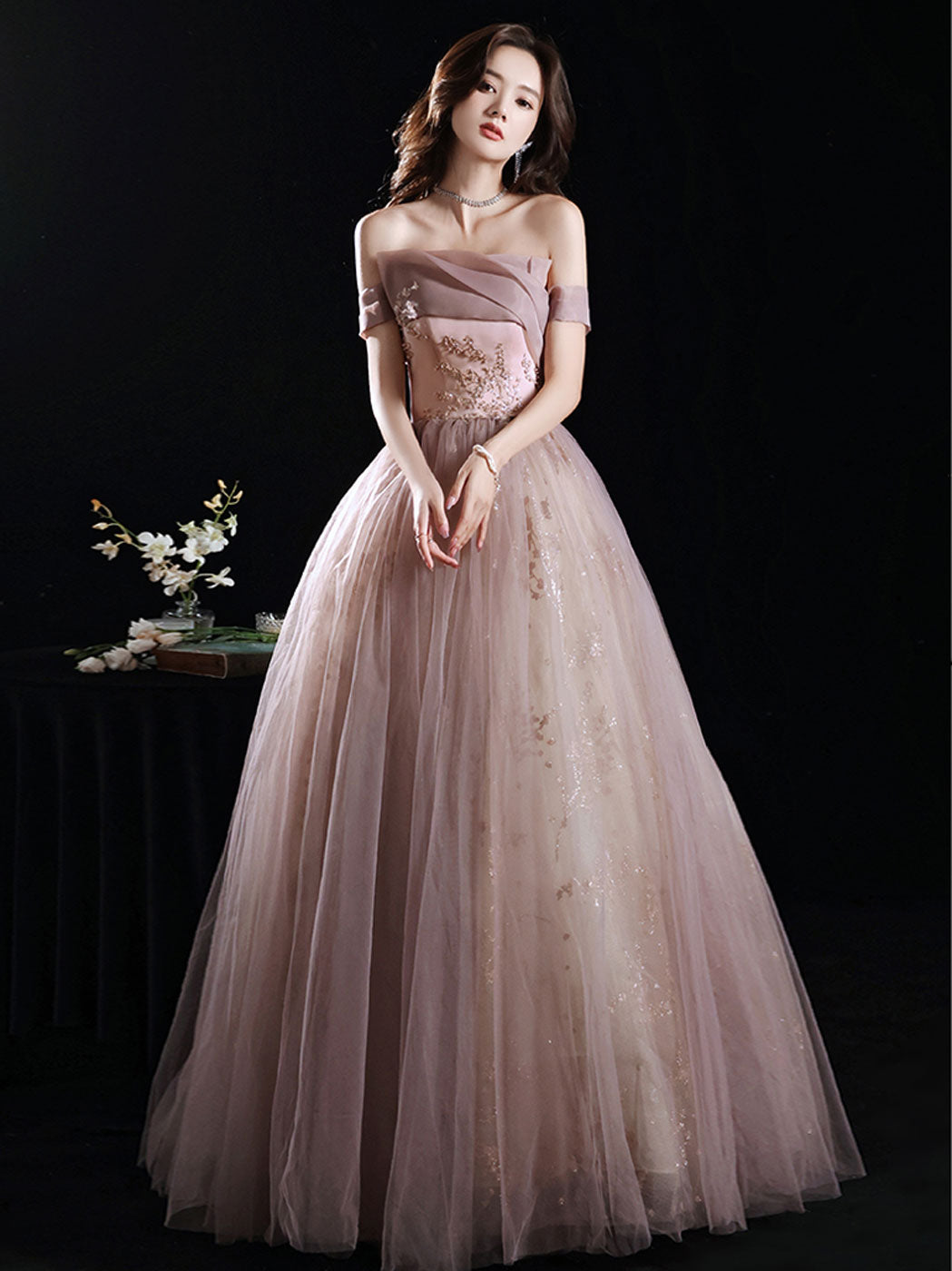 formal graduation dress Silver Gray Blue V Neck Tulle Sequin Long Prom Dress Silver Graduation Dress | Commencement