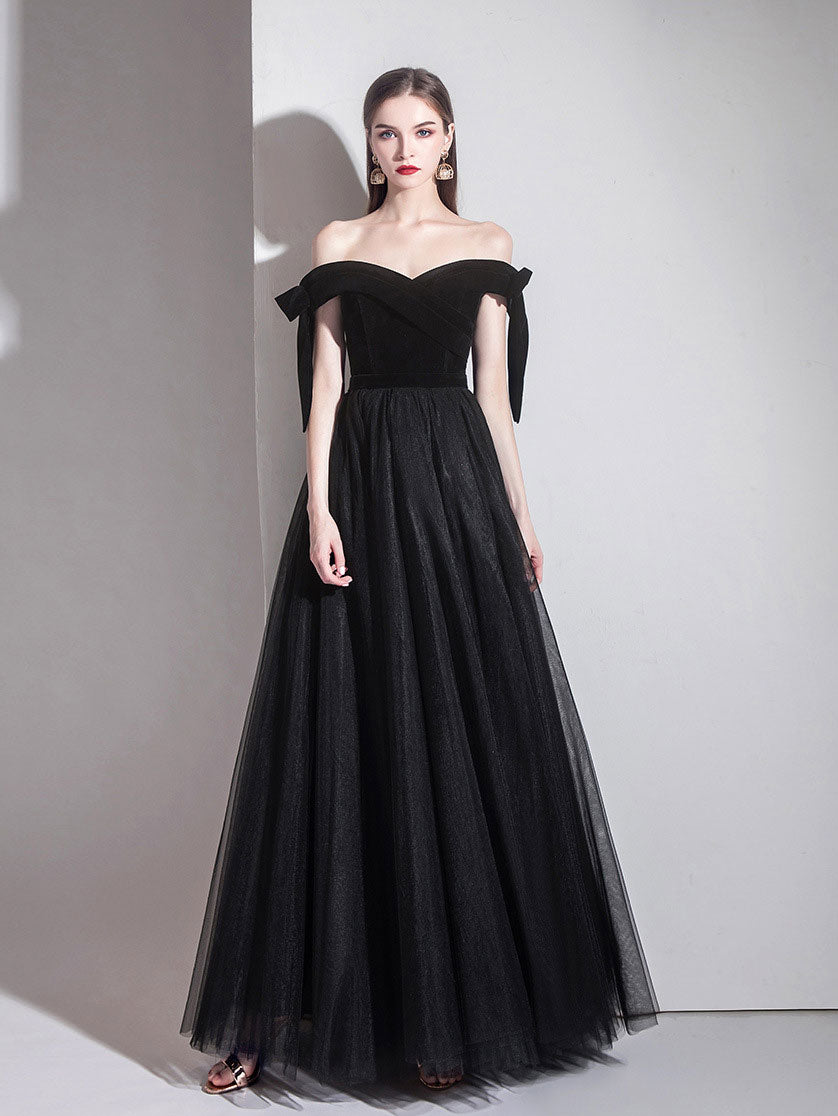 Simple black off shoulder tulle long prom dress, black evening dress