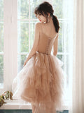 Champagne tulle lace short prom dress, champagne homecoming dress