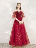 A-Line Off Shoulder Burgundy Long Prom Dress, Burgundy Formal Evening Dress