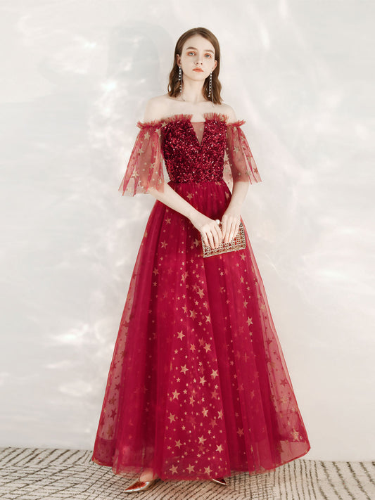 A-Line Off Shoulder Burgundy Long Prom Dress, Burgundy Formal Evening Dress