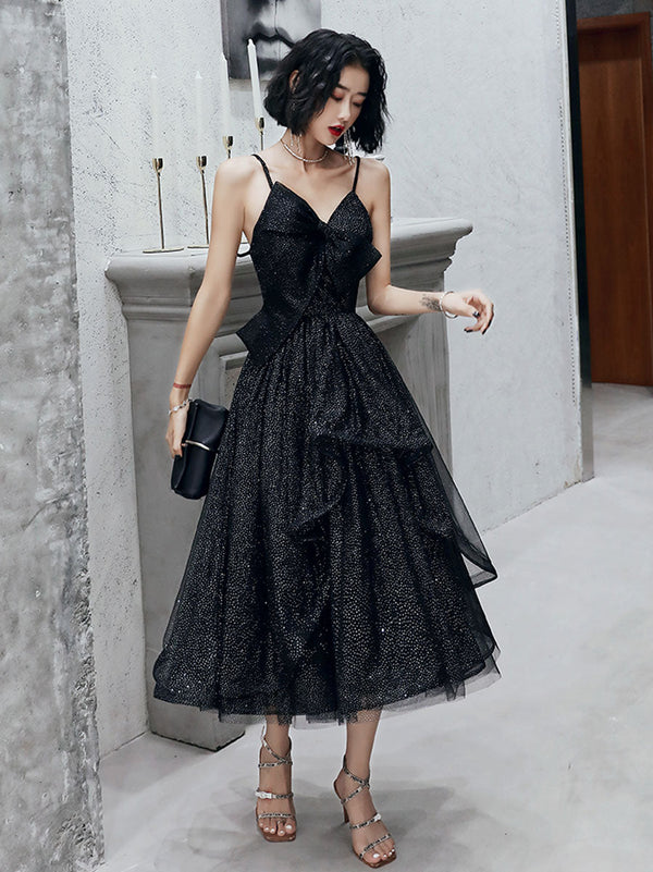 Simple v neck black tulle short prom dress, black party dress