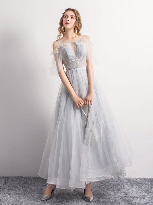 Gray A-Line Tulle Sequin Long Prom Dress, Gray Tulle Formal Evening Dress